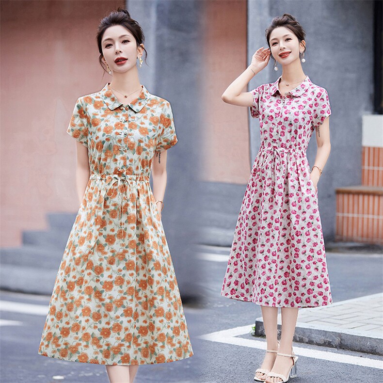 减龄碎花纯棉短袖连衣裙女2024夏季新款收腰显瘦中长款印花衬衫裙，女装连衣裙，鑫思依格