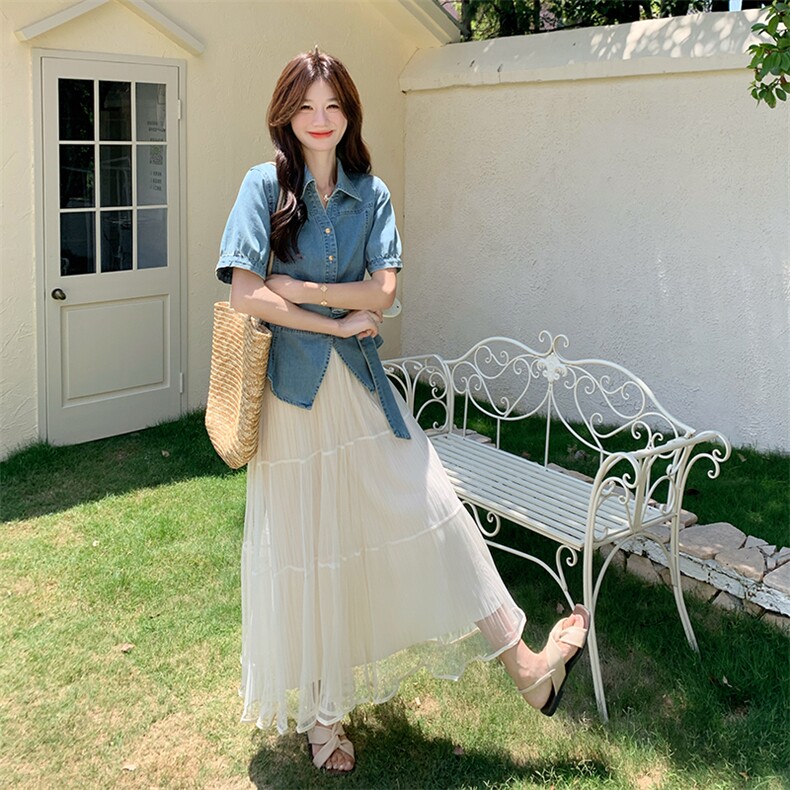 时尚牛仔系带上衣套装裙女2025夏季新款网纱半身裙气质减龄两件套图片