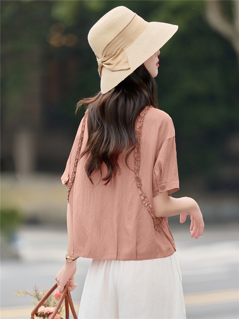 木耳花边拼接圆领上衣女2026夏装新款休闲宽松小衫百搭减龄衬衫,女装衬衫,余墨