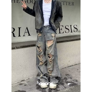 黄泥蓝破洞牛仔裤男高级感痞帅cleanfit废土风裤子美式高街微喇裤图片