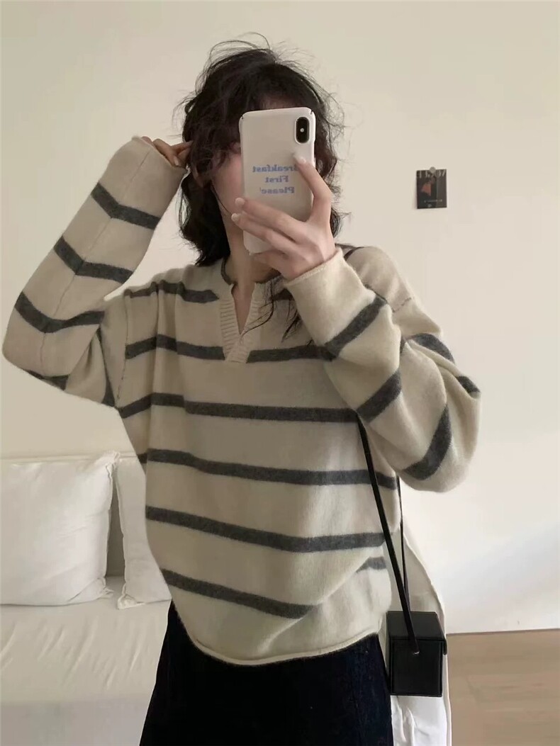 2025年秋季通勤单件长袖常规套头条纹，女装针织衫/毛衣，德聚羊绒