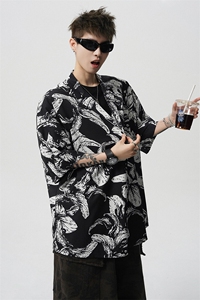 8XL-M 冰丝凉感衬衣垂感透气复古花纹宽松男五分袖短袖衬衫CS526图片