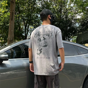 卡其水洗做旧短袖T恤男美式复古潮牌潮流美式高街高克重磅7分袖夏图片