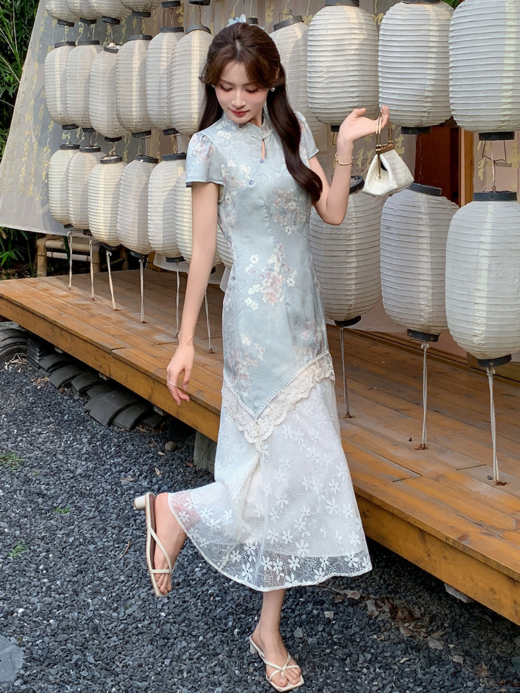 2025新中式国风改良印花短袖连衣裙子超好看修身假两件长裙子LXJ,女装连衣裙,玖莱伊