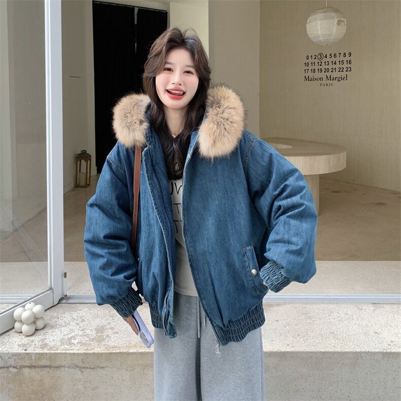 现货复古气质连帽牛仔羽绒服女配狐狸毛可拆卸保暖外套中长款,女装羽绒服,2C159