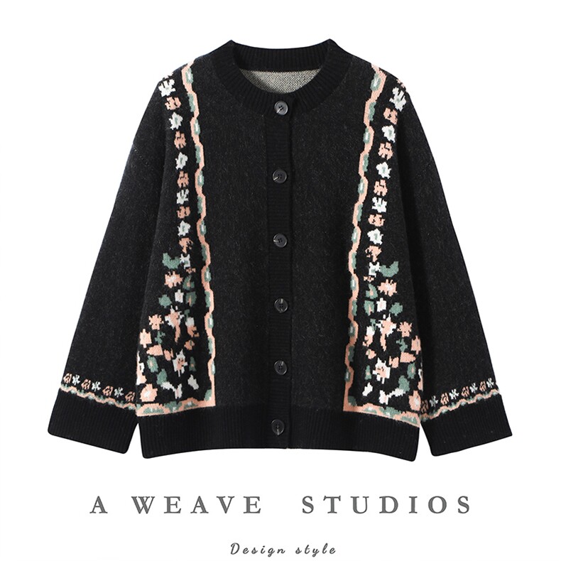 2025年秋季新款加厚芝麻点提花小花针织羊绒开衫时尚休闲通勤百搭，女装羊绒衫，隆秋羊绒