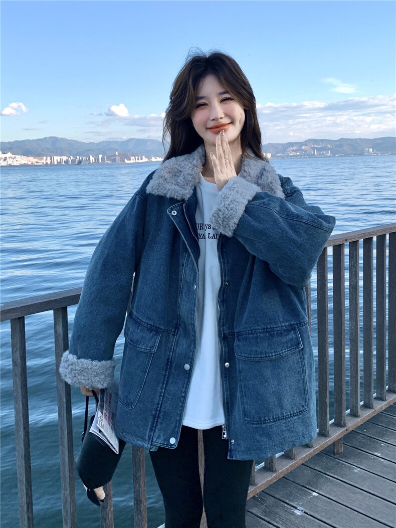 美式蓝色羊羔毛领牛仔外套女2025冬季新款高级感休闲宽松夹克上衣,女装羽绒服,艾米莉亚
