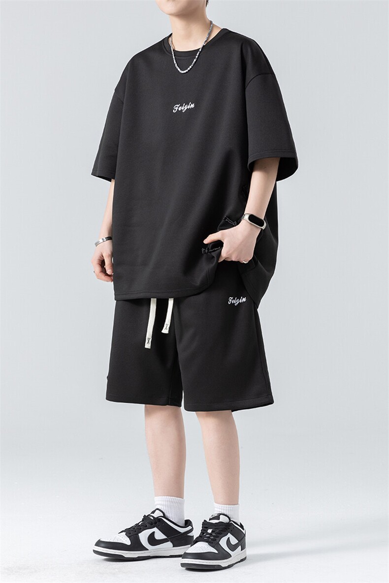 套装男夏季新款港风宽松拼接设计短袖T恤五分裤一套TZ6013特P38,男装T恤,星座301B-2（原A443-1）