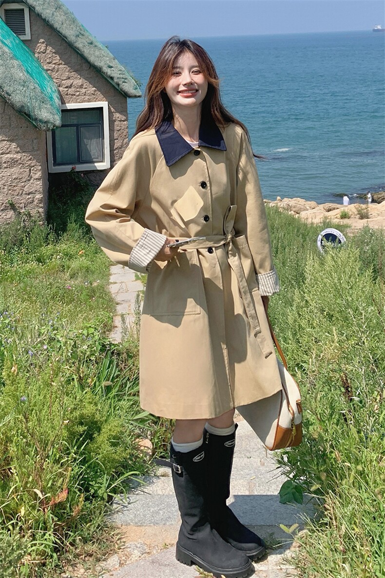POLO领宽松型宽松风衣中长款纯色春秋英伦风短款百搭气质小个子,女装风衣,蝶眷
