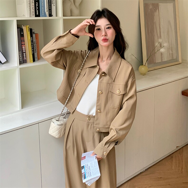 卡其色休闲运动装套装女2024春秋新款穿搭一整套西装阔腿裤两件套,女装套装/套裙,2C205