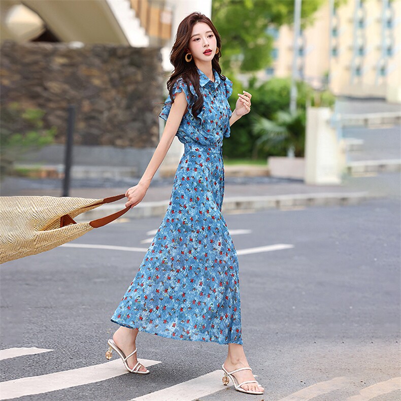 两件套女2025夏季新款时尚气质单排扣中长款雪纺套装连衣裙,女装套装/套裙,天丝秀