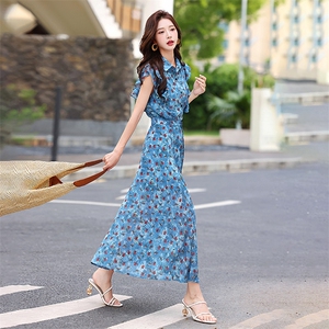 两件套女2025夏季新款时尚气质单排扣中长款雪纺套装连衣裙图片