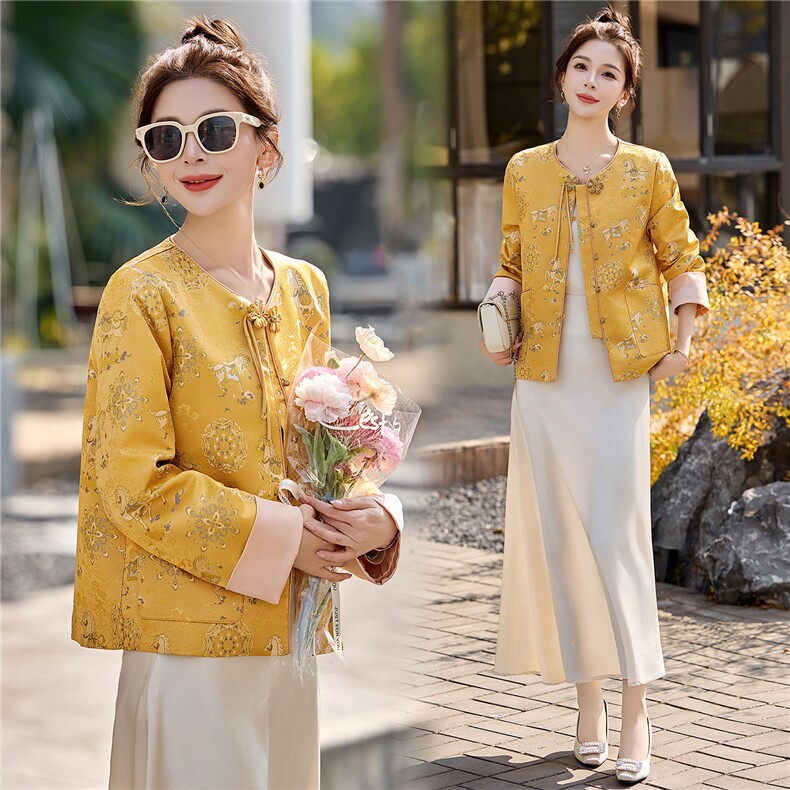 现货宋锦招财马上有钱花之寓意提花巨好看百搭新中式春秋女外套，女装短外套，木橙西子