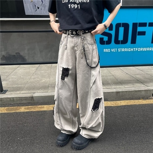 美式高街牛仔裤男女韩版潮流破洞帅气2025夏季ins长裤RK3016-P56图片