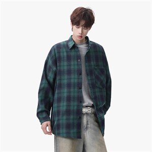 衬衫男秋季新款港风宽松大码磨毛格子长袖衬衣CS6638-特P29，男装衬衫，星座214-3