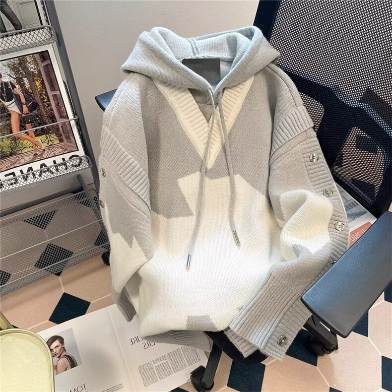 美式设计感小众撞色连帽针织卫衣男女潮牌vintage假两件毛衣外套,男装针织衫/毛衣,电商B212（原钱塘6029）