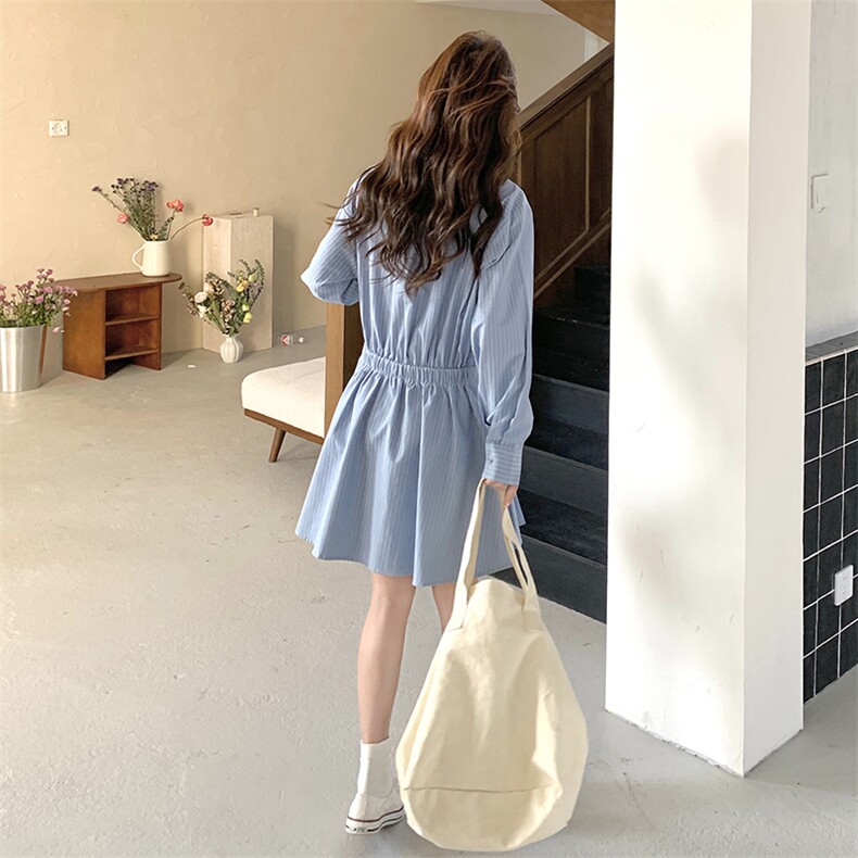 韩系竖条纹长袖衬衫连衣裙女2025秋新款学院风气质高腰显瘦a字裙,女装连衣裙,浙宝220