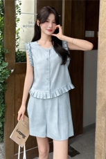 2025夏新款天丝亚麻气质木耳边无袖短上衣阔腿裤两件套套装，女装套装/套裙，瑶迪依秀
