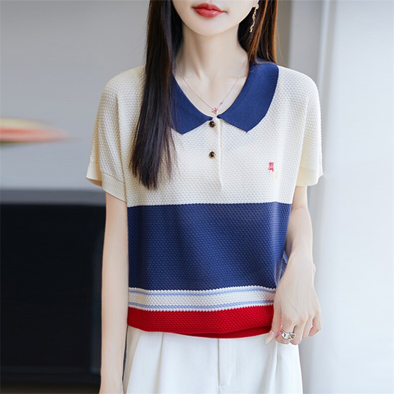 夏季新款POLO领刺绣拼色短袖针织衫女宽松透气莱赛尔天丝T恤上衣,针织衫/毛衣,唐诺