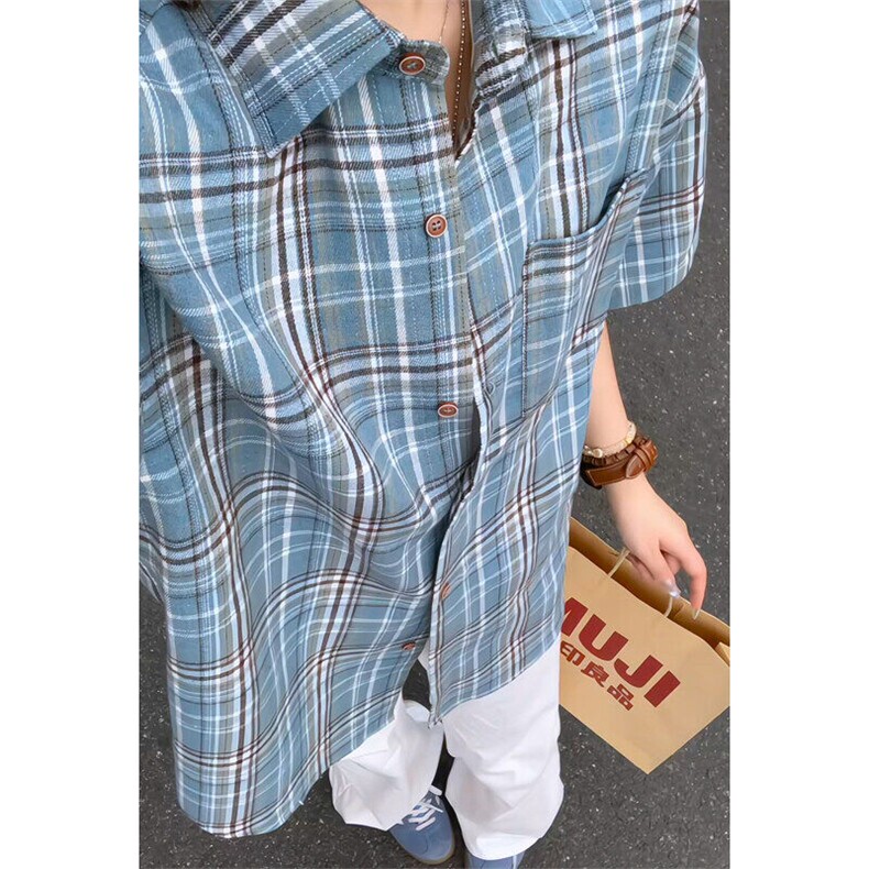 2025夏季新款港风女模大码格子短袖衬衫M-5XHC25480-特P25,男装衬衫,电商A022