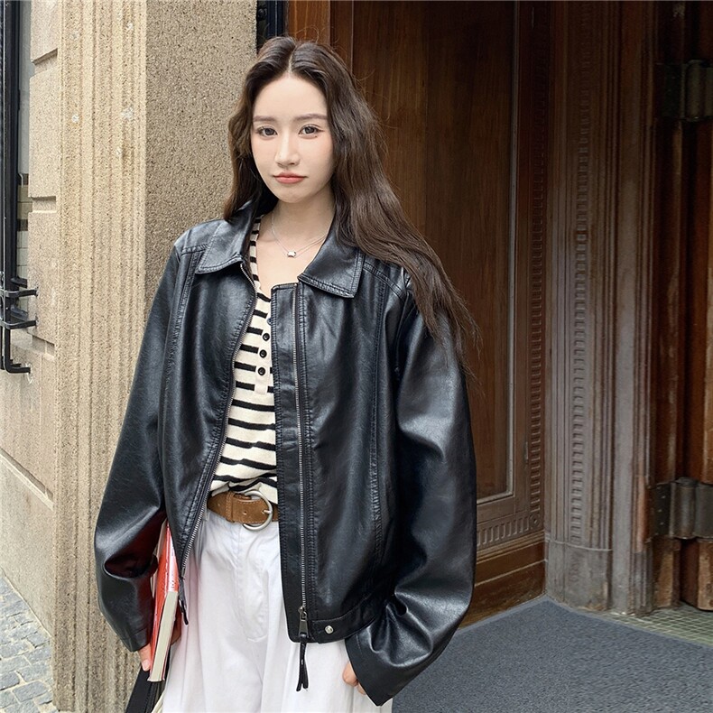 休闲复古翻领黑色皮衣外套女春秋2025新款漂亮PU夹克韩里韩气甜美,女装皮衣,2C261