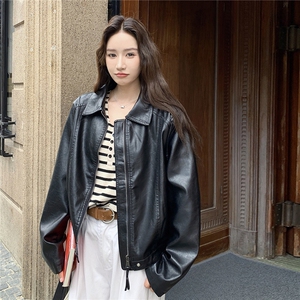 休闲复古翻领黑色皮衣外套女春秋2025新款漂亮PU夹克韩里韩气甜美图片