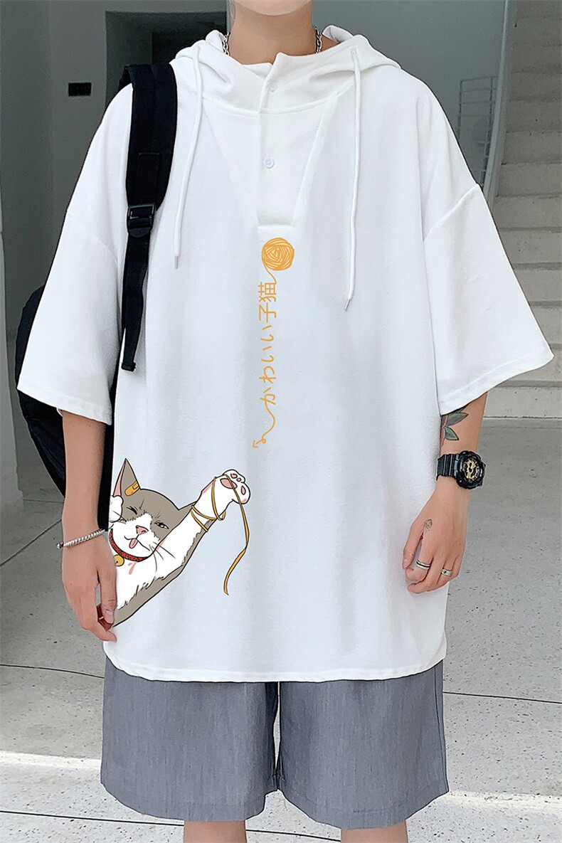 LD54013-P45连帽短袖t恤男大码胖子带帽五分袖中袖,男装T恤,电商A040