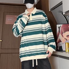 日系条纹POLO衫卫衣男春秋潮牌宽松休闲百搭情侣卫衣上衣8825/P40，男装Polo衫，星座506