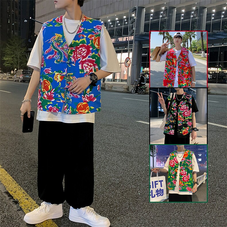 夏新东北大花布马甲修身背心马甲坎肩盘扣演出服男女大码外衣MJ02图片