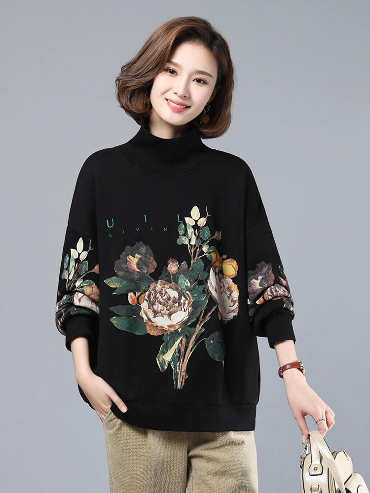 2023年春季新款潮韩版时尚印花高领卫衣女长袖休闲百搭打底衫女棉，女装卫衣/绒衫，简韵佳
