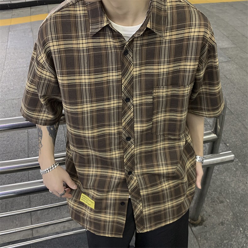 港风大码美式复古贴标格子翻领短袖衬衫男XZ213-CS8806-P45控58,男装衬衫,星座213