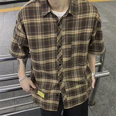 港风大码美式复古贴标格子翻领短袖衬衫男XZ213-CS8806-P45控58，男装衬衫，星座213