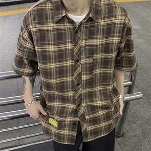 港风大码美式复古贴标格子翻领短袖衬衫男 XZ213-CS8806-P45控58图片
