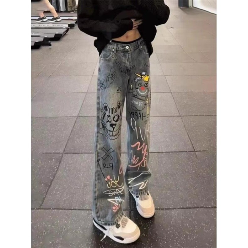 手绘涂鸦弯刀牛仔裤男潮牌痞帅炸街裤子美式高街修身微喇裤,男装牛仔裤,星座410-6（原星座1304-1）