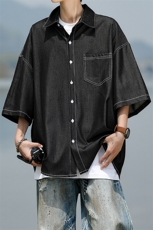 8XL-M冰丝牛仔短袖衬衫男款夏季薄款宽松慵懒衬衣外套DC28006P60，男装T恤，电商B312