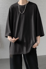 短袖男夏季新款宽松港风暗纹冰丝大码五分袖上衣T恤T9908-P30，男装T恤，星座214-3