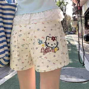 AK2374-P45美式kitty猫印花纯棉短裤女2026夏款甜辣妹修身裤子图片