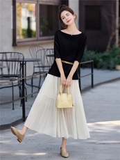 法式一字领高级感上衣+不规则裙摆半身裙两件套送腰带，女装套装/套裙，采品优优