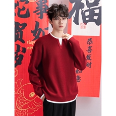 网络图现货高质量假两件红色喜庆年会圣诞新年毛衣JM5329-P55，男装针织衫/毛衣，星座715-7