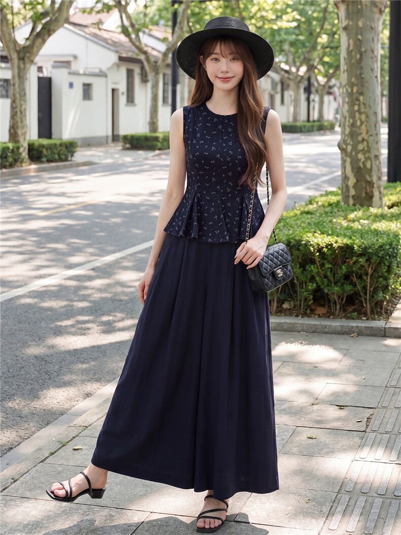 时尚无裙圆领小清新碎花小衫阔腿裤两件套气质优雅套装女,女装套装/套裙,水衣源