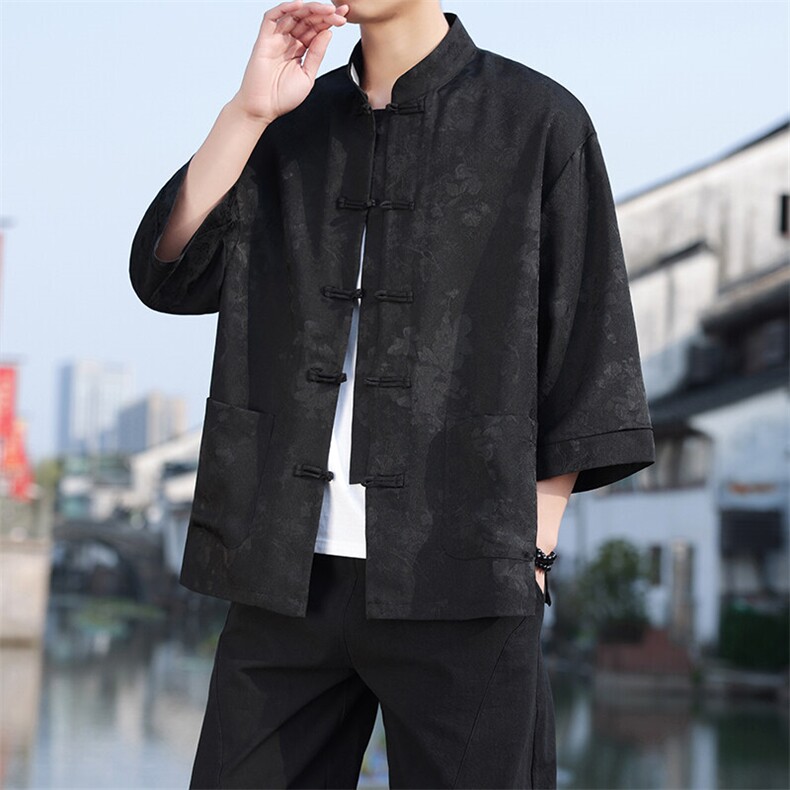 2025夏季风立领提花七分袖衬衫宽松大码上衣CS2502-P7088图片