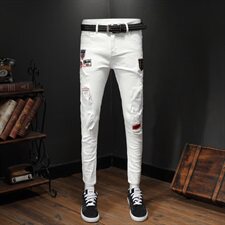 2021春夏款潮牌白色弹力牛仔裤男修身小脚裤QT6027-88163，男装牛仔裤，电商D218