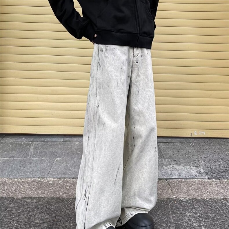欧美复古扎染牛仔裤男女美式炸街小众设计感宽松直筒阔腿裤,男装休闲裤,星座1013