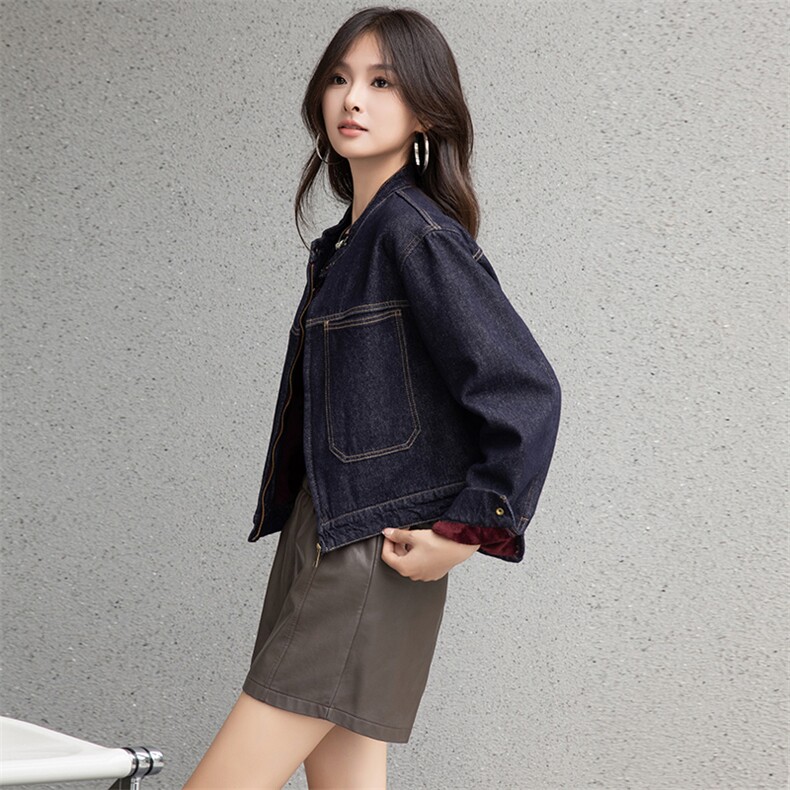 冬装圆领短款明线设计夹克衫棒球服牛仔外套加绒加厚上衣,女装牛仔外套,江南女神