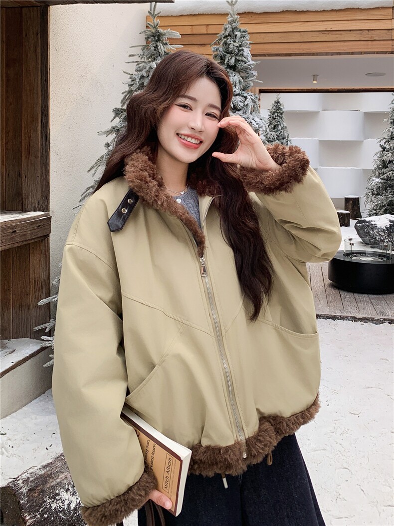 羽绒服女2025冬季新款女装卡其色皮毛一体拼接派克服加厚保暖外套,女装羽绒服,慧尚依恋