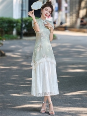 新中式旗袍连衣裙女2025夏季新款刺绣蕾丝拼接气质显瘦假两件长裙，女装连衣裙，伊仟回