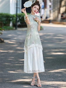 新中式旗袍连衣裙女2025夏季新款刺绣蕾丝拼接气质显瘦假两件长裙图片