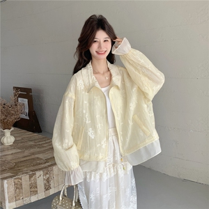 韩版休闲风薄款蕾丝短外套女春夏宽松拉链翻领长袖减龄防晒衣图片