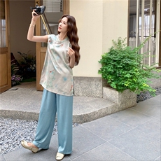 新中式盘扣立领马甲阔腿裤两件套女夏2025新款高腰垂感宽松直筒裤，女装套装/套裙，2C129