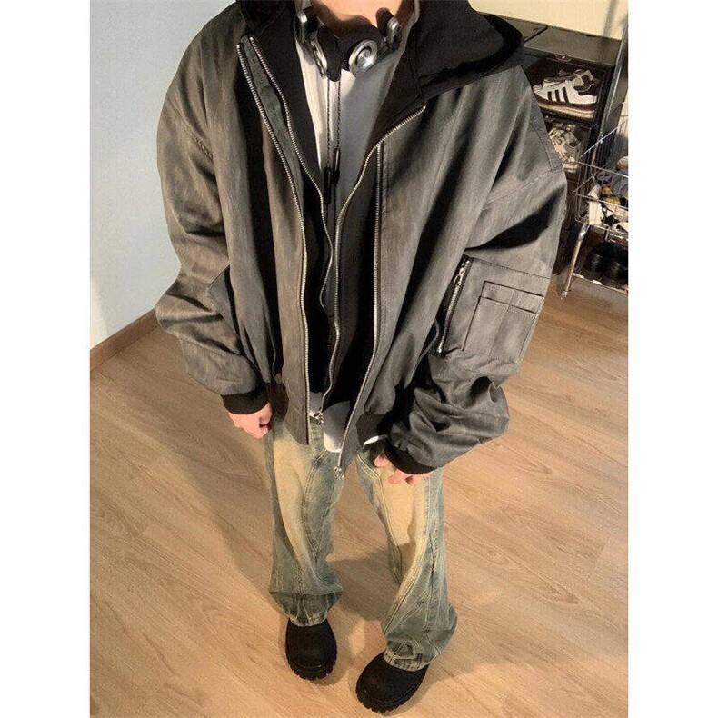 美式复古假两件连帽PU皮衣男潮流宽松百搭棒球服外套LJ85399-P85,男装皮衣,星座1008